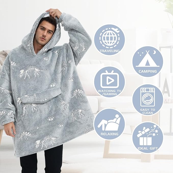 Wearable Blanket Hoodie for Adult,Oversized Sherpa Fleece Blanket Hoodie for Women Men,Glow in The Dark Dinosaur Fossil