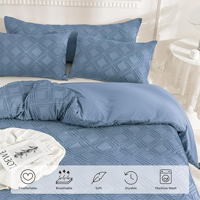 JELLYMONI Duvet Cover Full Size Blue - 3PCS Boho Duvet Cover Set Plaid Polyester Tufted Bohemian Jacquard Knit Textured Comforter Cover 80×90in Rhombic Geometric Pattern Corner Tie & Zipper