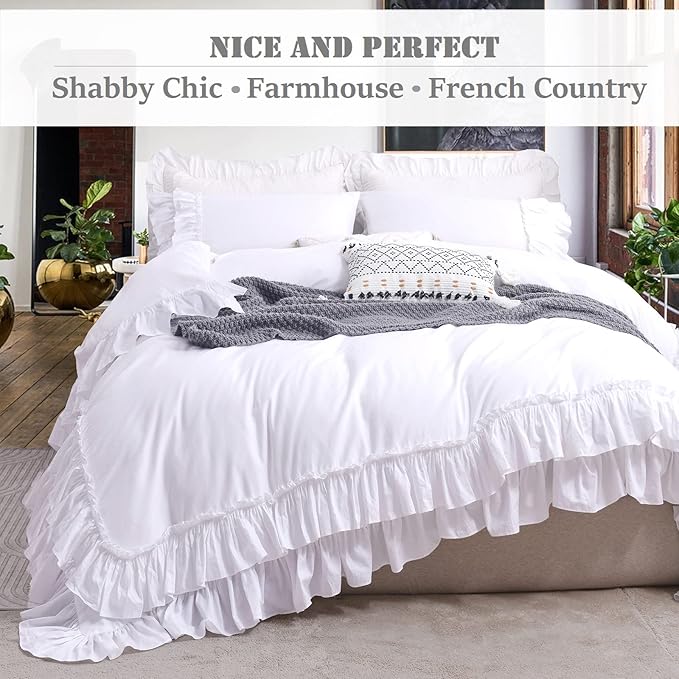 QSH Ruffle White Duvet Cover Queen Size -Washed Cotton Shabby Farmhouse Ruffled Bedding Comforter Cover 3 pcs Aesthetic French Country Queen Duvet Cover Cotton Extra Soft and Breathable