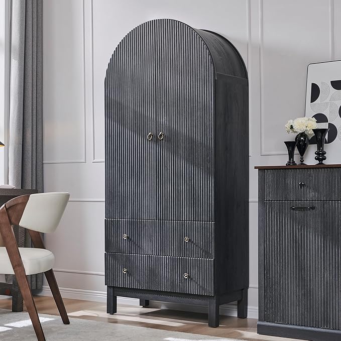 71" Tall Arched Bathroom Storage Cabinet, Modern Fluted Cabinet Storage with 4 Shlves and 2 Drawers, Floor Cabinet for Bathroom, Living Room, Kitchen, Dark Gray