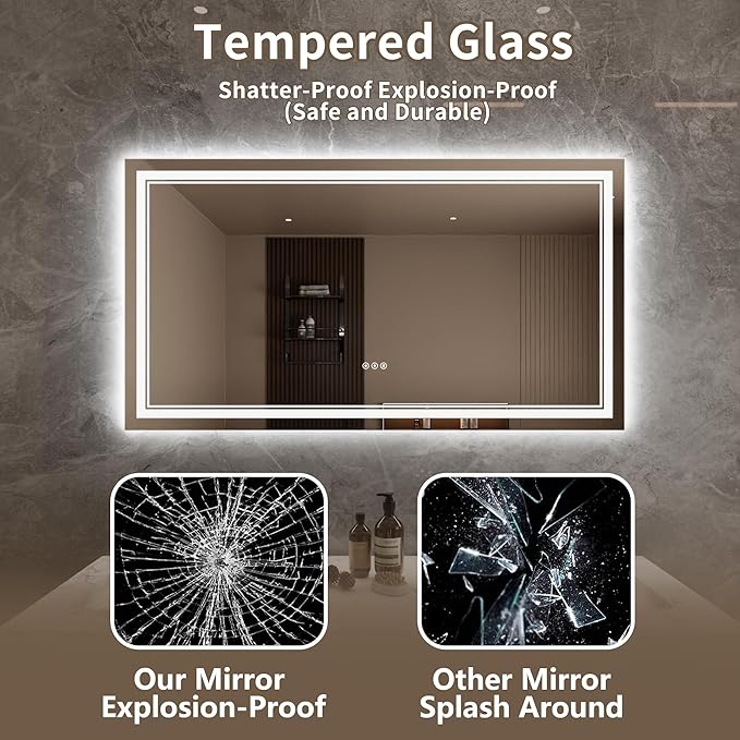Bathroom Mirror with Lights 30"X55" with Front Light and Backlit, Tempered Glass, Wall Mount Horizontal/Vertical, Stepless Dimmable, 3 Colors, Anti Fog, Bathroom Memory LED Mirror