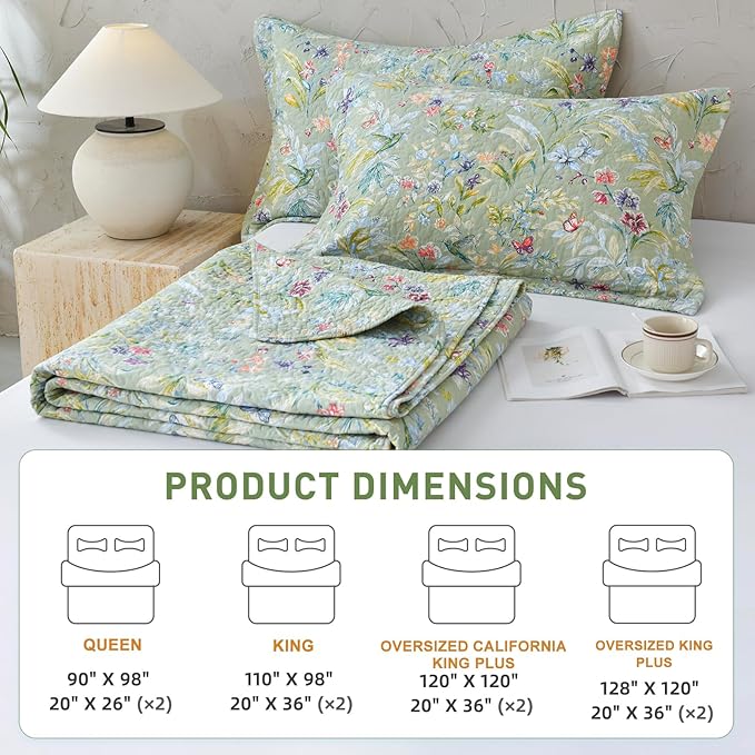 Lady Ann Oversized King Bedspreads 128x120 for Extra Bed, Green Flower Bird Butterfly Print Botanical Bedding, Lightweight 100% Cotton Quilted Coverlet Set with Pillow Shams for All Season, 3 PCS