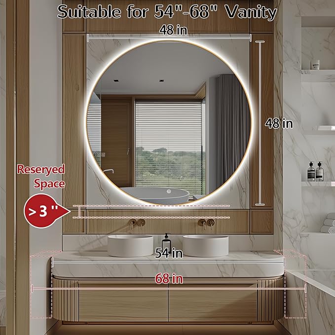 Niccy 48" LED Backlit Round Mirror for Bathroom, Gold Framed Vanity Light Wall Mirror LED Smart Circle Mirrors with 3 Lighting Colors, Dimmable Lighted Mirror with Anti-Fog, IP65 Waterproof