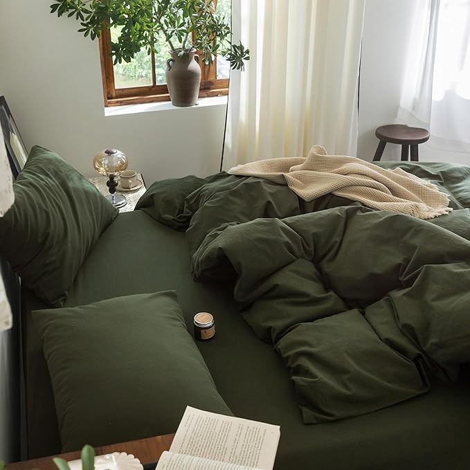 FOSSA Duvet Cover Set 100% Washed Cotton Linen Feel Super Soft Breathable Cozy 3 Pieces Bedding Sets Solid Olive Green Super Queen