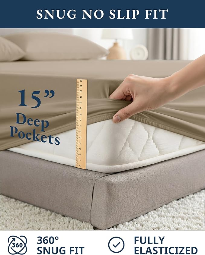LANE LINEN 100% Organic Cotton California King Sheets Set, 4-Piece Organic Cotton Percale Weave Ultra Soft & Comfy Machine Washable Mercerized Bed Sheets, Fits Mattress Upto 15" Deep - Taupe