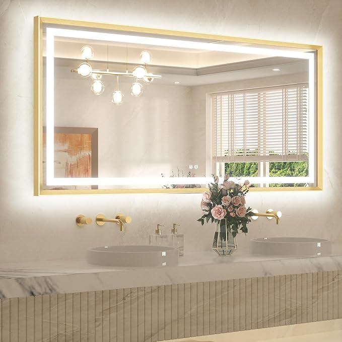 TETOTE 60 x 30 Large Bathroom Mirror Brushed Gold Metal Frame Frontlit & Backlit Vanity Mirror 3 Colors White/Warm/Natural Stepless Dimmable Anti-Fog Bathroom Mirrors for Vanity Wall-Mounted