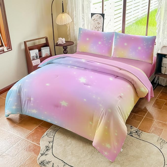 Rainbow Bedding Set Twin Size – 5 Piece Reversible Girls Comforter with Deep-Pocket Sheet, Gradient Galaxy Design, Whole-Piece Filling, Machine Washable Bed-in-a-Bag for Kids Room Makeover & Gifts