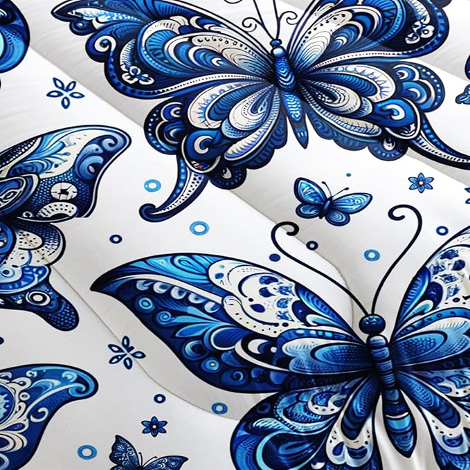 Blue Butterfly Comforter Bedding Set Full Size,Bohemian Style Blue Series Bedding for Kids Girls Boys,Insect Themed Children's Bedding Soft Fluffy Comforter Sets with 2 Pillowcases.