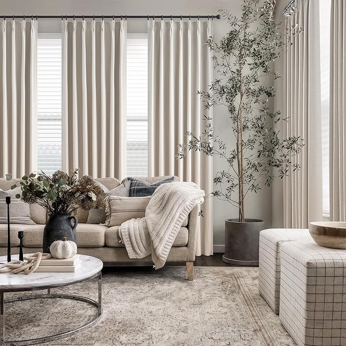 Topfinel Pinch Pleated Curtains 96 Inch Long, 100% Blackout Thermal Insulated Natural Linen Pinch Pleat Viral Drapes with Hooks Rings 2 Panel Sets, Neutral Oatmeal Ivory 8FT Back Tab Window Curtains