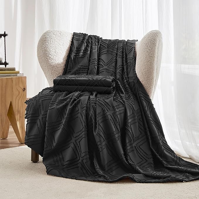 JELLYMONI Duvet Cover King Size Black - 3PCS Boho Duvet Cover Set Plaid Polyester Tufted Bohemian Jacquard Knit Textured Comforter Cover 104×90in Rhombic Geometric Pattern Zipper Corner Tie