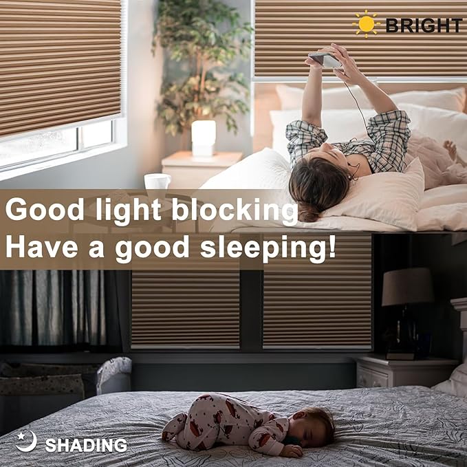 MYshade 1.5-Inch Cellular Cordless Blackout Shades,Thermal Insulating Noise Reducing Waterproof Blinds,Honeycomb Window Treatments for Indoor Light Control (Light Brown-24 W x 48" H)