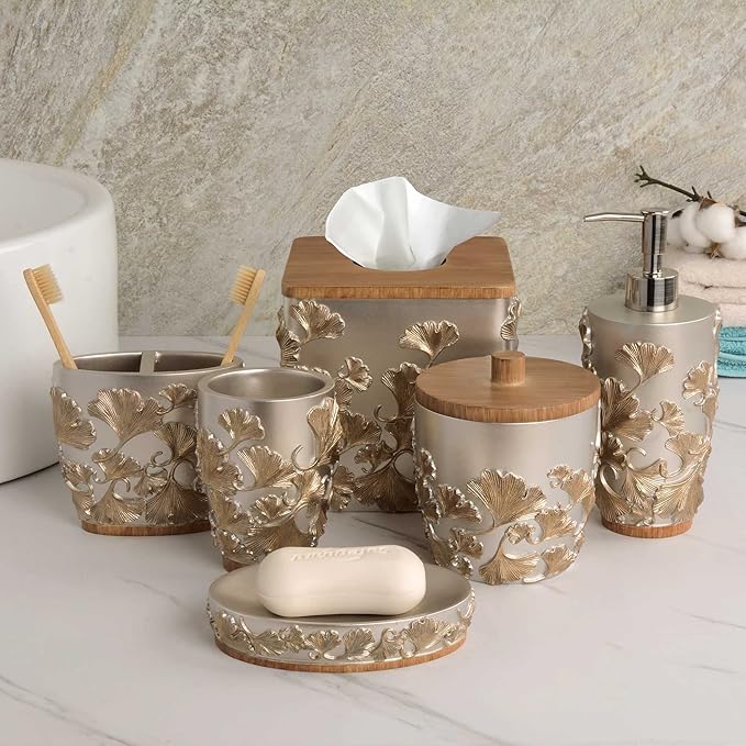 Decozen Bathroom Accessories Set 6Pcs – Soap Dispenser, Toothbrush Holder, Tumbler, Soap Dish & Cotton Swab Jar – Modern Bathroom Decor, Bath Set for Christmas Decor, Valencia