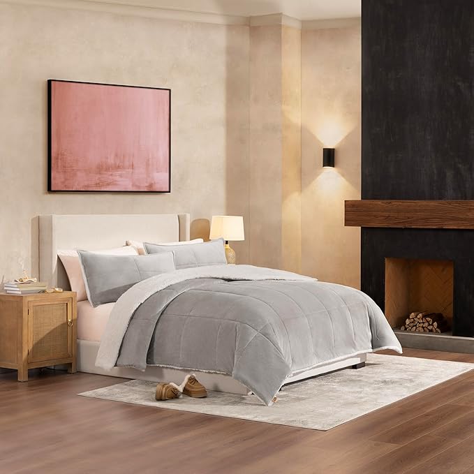 UGG Blissful Comforter Set with 2 Pillow Shams Reversible White Comforter Plush Fluffy Warm Bed Set Premium Hypoallergenic Down Alternative Bedding Breathable, King/California King, Seal Gray