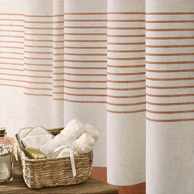 Awellife Farmhouse Shower Curtains for Bathroom,Boho Orange Flax Texture Striped Shower Curtain Shower Curtain with Tassels Rustic Neutral 72x72