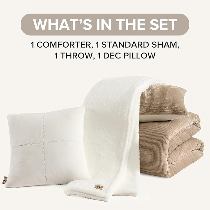 UGG Twin Comforter Set 4 Piece Bed in a Bag with Throw Blanket, Decorative Pillow Sham and Reversible Comforter Hypoallergenic Washable College Dorm Bedding, Twin XL, Brown Birch (Remina)