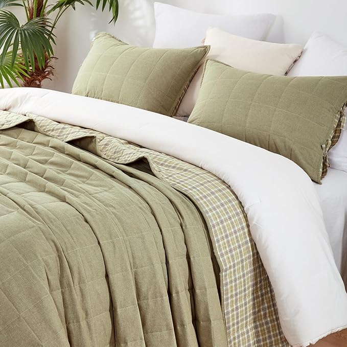 Moss Green Bedspreads Queen Size， Cotton Quilt 3-Pieces Bed Set Queen Size with Green Checked Stone Washed Bedding Coverlet with 2 Pillow Shams