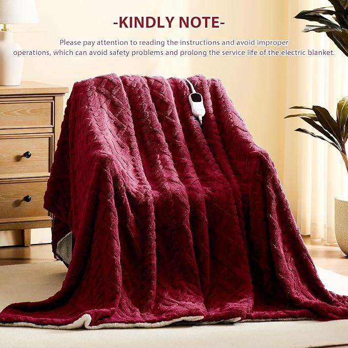 Heated Electric Blanket Twin Size-62"x84" Heating Blanket with 10 Heating Levels & 5 Time Settings Over-Heat Protection，Winter Warmer for Adults with ETL Certification（Red）