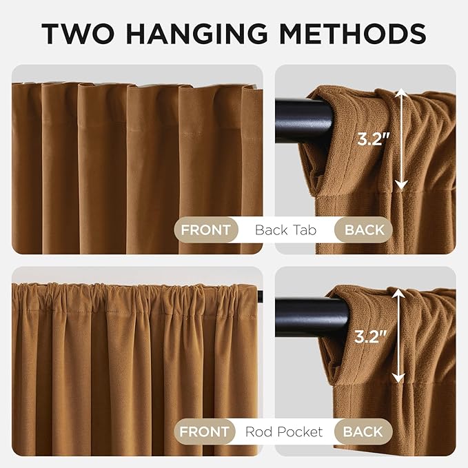 Joydeco Golden Brown 100% Blackout Curtains 96 Inch 2 Panels, Luxury Thermal Brown Velvet Curtains for Bedroom Living Room, Soundproof Blackout Window Drapes, Rod Pocket & Back Tab (52W x 96L)