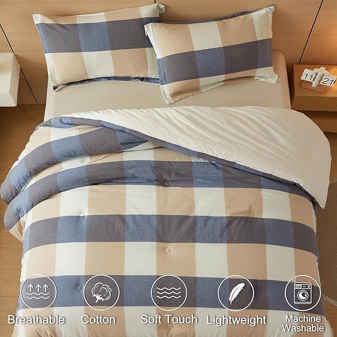 100% Cotton Comforter Set Full Size – Reversible Yarn-Dyed Checkered Design, Soft Washed Cotton on Both Sides, Lightweight All-Season Bedding, Machine Washable(Blue White Plaid, 80”x90”)