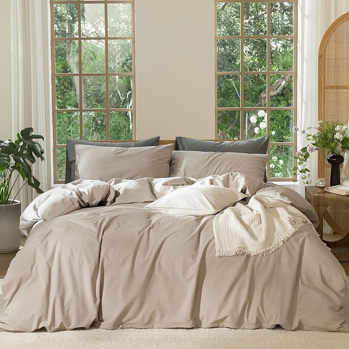 MooMee Bedding Duvet Cover Set 100% Washed Cotton Linen Like Textured Breathable Durable Soft Comfy (Heathered Taupe, Queen 90"x90")