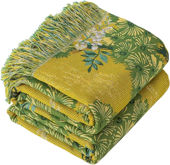 Qidordour Boho Throw Blanket, 60"x80" Muslin Blankets, 100% Organic Cotton Blanket for Couch Sofa, Lightweight Quilt with Tassel, All Season Bed Throw, Farmhouse Home Decor, A-Sophora Flower