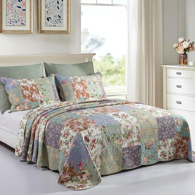 YAYIDAY Quilts Queen Size Patchwork Bedspread Set - 100% Cotton Reversible Breathable Floral Quilted Quilt with Pillow Shams Fit All Season