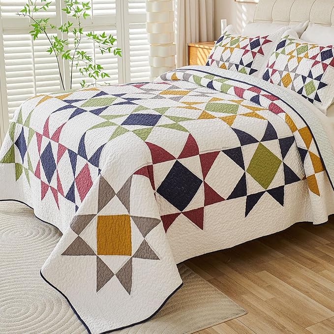 Cmfshape Quilt Sets Bedspread Set 100% Cotton Real Patchwork Bedding Set, All Season Use Lightweight Reversible Coverlet Quilts with 2 Pillow Shams(Queen 90"x90")