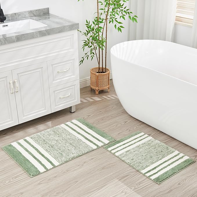 CozeCube Bath mats for Bathroom Non Slip, Fluffy Absorbent Microfiber Bath mat Washable, Aesthetic Bathroom Rugs, Small Sage Green Striped Bath mat, Sage Green, 24" x 16"