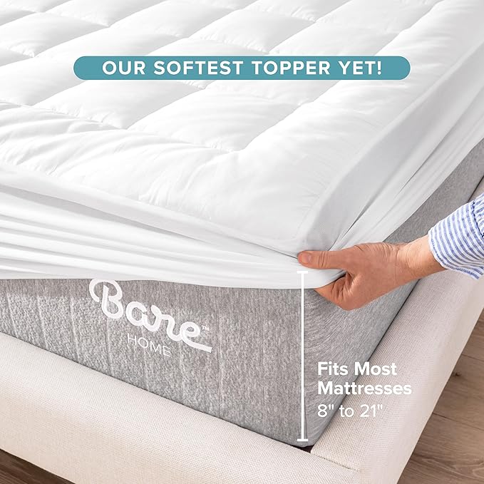 Bare Home Queen Mattress Topper Cotton Top - Plush Topper for Mattress - Fitted Mattress Cover - Cooling Breathable Air Flow - 8" to 21" Deep Pocket - Soft Mattress Pad (Queen, White)