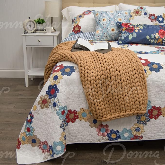 Donna Sharp Prairie Cotton Quilted Bedding Set - 3-Piece Queen Size Cotton Quilt Set - Includes 1 Floral Garden Hexagon Quilt and 2 Pillow Shams - Machine Washable