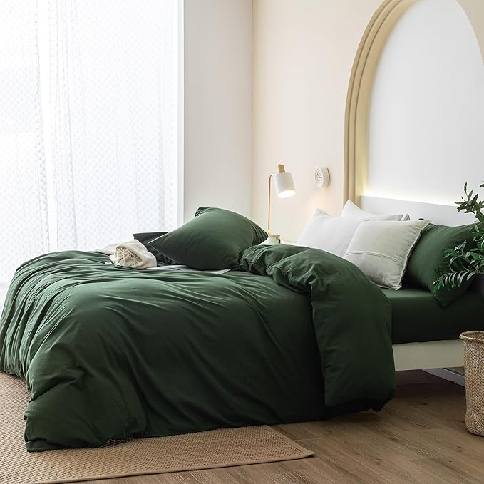 JIYUAN 100% Washed Cotton Duvet Cover Set 3 Pieces Alaska King, 1 Duvet Cover 132x120 Inches(Comforter Not Included) and 2 Pillowcases,Linen Feel Bedding Set Comfy and Breathable,Forest Green