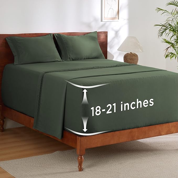Bedsure Deep Pocket Full Size Bed Sheets Set - Fits Mattresses Up to 21 Inches Thick - 4 Piece GentleSoft Bed Sheets, Moisture Wicking, Cooling Bedsheet & Pillowcases, Easy & Secure Fit, Olive Green