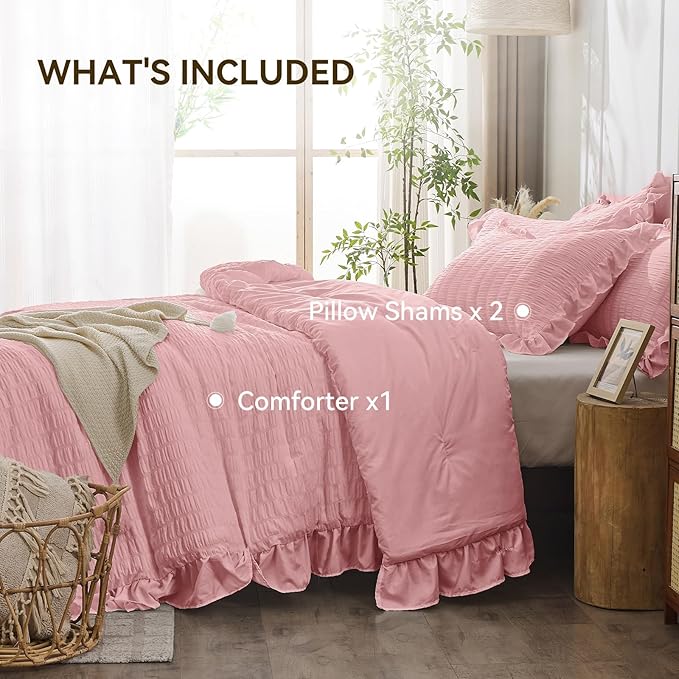 JOLLYVOGUE Pink Comforter Full Size, 3 Pieces Seersucker Lightweight Full Size Bedding, All Season Fluffy Microfiber Bedding Comforter Set with 1 Ruffle Comforter and 2 Ruffle Pillowshams
