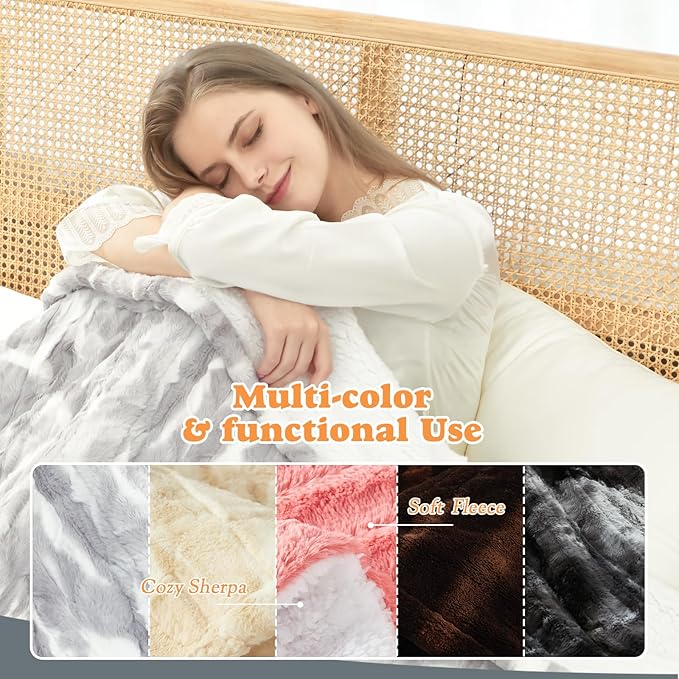Heated Throw Blanket Faux Fur & Sherpa, Safe Electric Blanket ETL & FCC Certified, Soft Warm 6 Heating Levels & 4 Hours Auto-Off, Machine Washable, 50"x60" Light Grey & White Pattern
