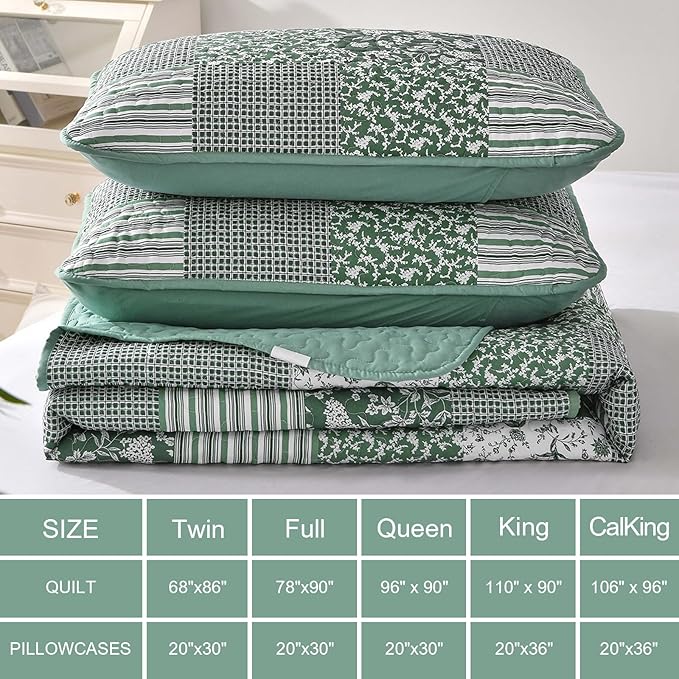 Mybedsoul Green Quilt Set Full Size, 3 Pieces Plaid Floral Bedspread Set Patchwork Reversible Bedding Set Microfiber Lightweight Bedspread Coverlet Set for All Season 78"x90"