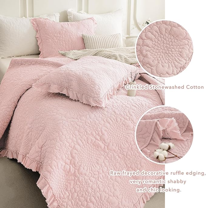 QSH 3PCs Blush Ruffled Quilt Queen Size (90"x98"),Stonewashed Cotton Quilt Set,Ultra Soft Lightweight Crinkled Bedspread Coverlet Queen Shabby Farmhouse Chic Bedspreads Bed Set with Pillow Shams