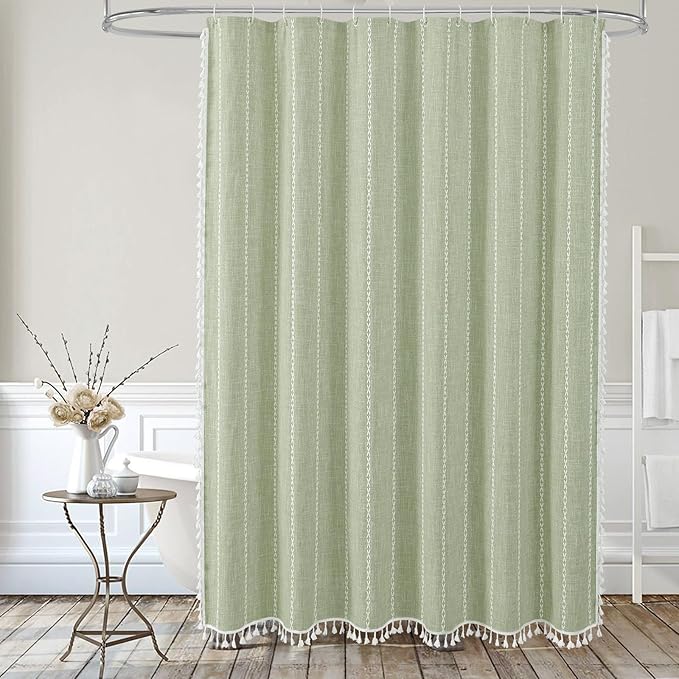 MitoVilla Boho Extra Long Shower Curtain 72 x 96, SageGreen Modern Farmhouse 96 inch XL Polyester Linen Texture Tassel Fabric Shower Curtain Set with Hooks for Cottagecore Country Bathroom Decor