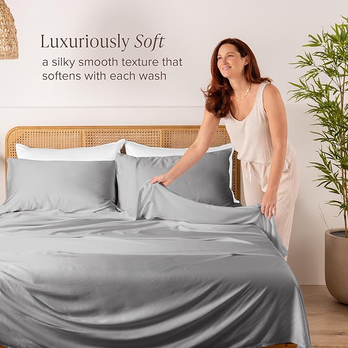 Bare Home 100% Rayon Made from Bamboo Luxury Twin Sheet Set - 3 Piece Bedding Set - Deep Pockets - Cooling Sheets - Breathable - Easy Fit - Soft Bedding Sheets & Pillowcases (Twin, Light Grey)