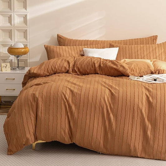 JELLYMONI Duvet Cover Twin Size Rust - 3PCS Boho Striped Duvet Cover Set Polyester Tufted Bohemian Textured Comforter Cover 68×90in with Corner Ties & Zipper and 2 Pillowcases