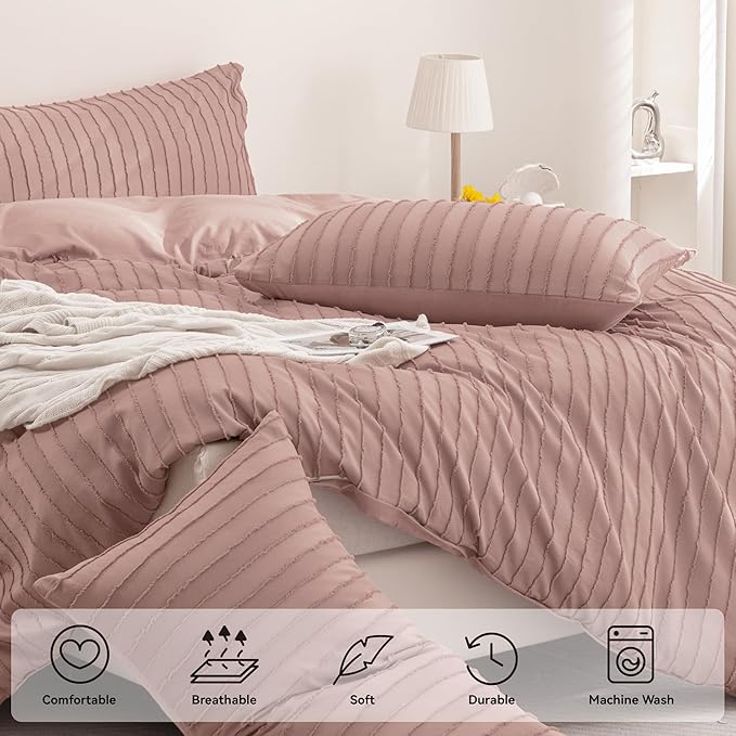 JELLYMONI Duvet Cover Queen Size Smokey Pink - 3PCS Boho Striped Duvet Cover Set Polyester Tufted Bohemian Textured Comforter Cover 90×90in with Corner Ties & Zipper and 2 Pillowcases