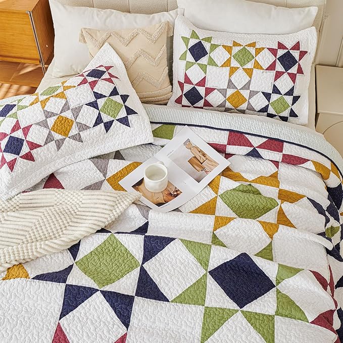 Cmfshape Quilt Sets Bedspread Set 100% Cotton Real Patchwork Bedding Set, All Season Use Lightweight Reversible Coverlet Quilts with 2 Pillow Shams(Queen 90"x90")