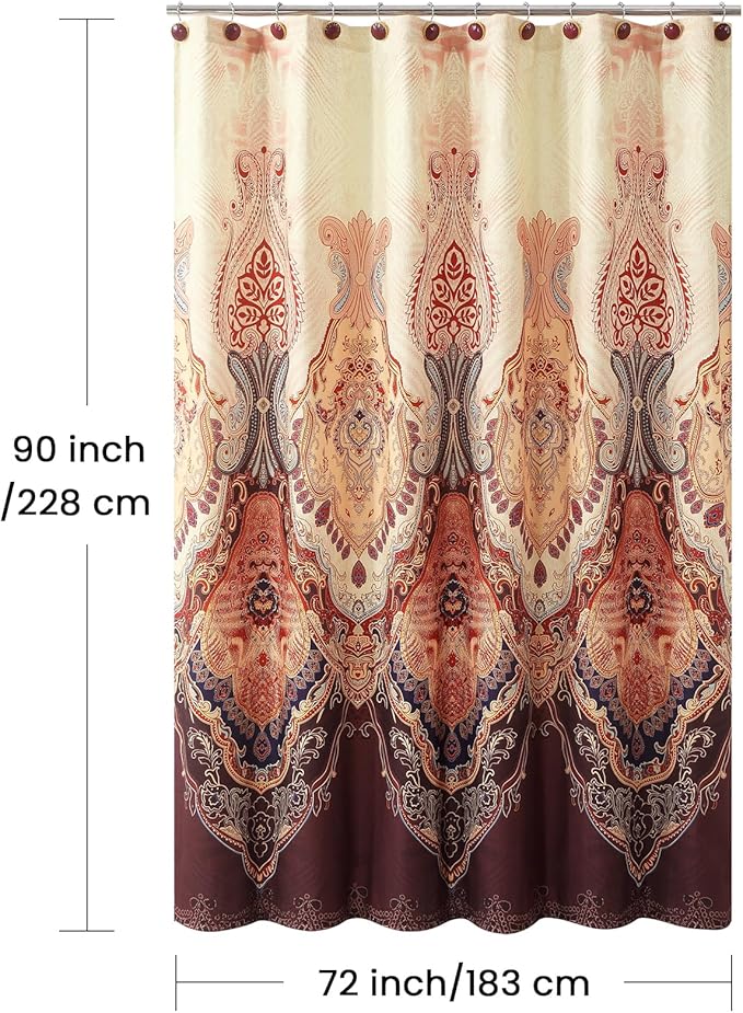 Extra Long Shower Curtain 72x90 Inches, Water Repellent Fabric with Gold and Brown Baroque Pattern, 12 Metal Grommets and Weighted Hem