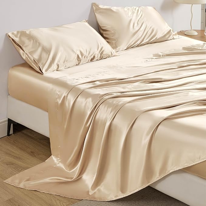 Bedsure Satin Sheets Queen Size - 4 Piece Silky Bedsheets with 15 Inches Deep Pocket Fitted Bedsheet,1 Flat Sheet, 2 Satin Pillowcases, Good for Hair & Skin (Queen, Champagne)