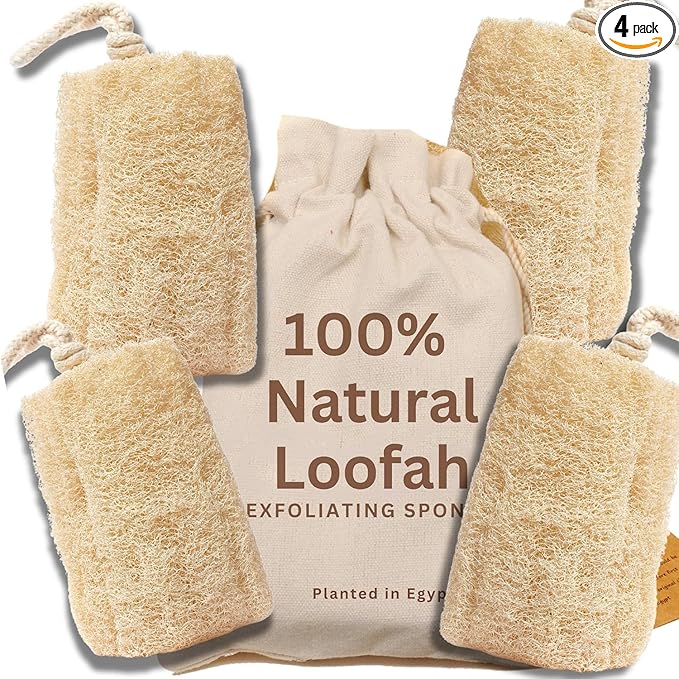 CraftsOfEgypt Natural Loofah Sponge – Egyptian Luffa Body Scrubber Pack of 4 for Men & Women, Natural Bath & Shower Loofah Exfoliator, All Natural Loofah Sponges for Face Back & Body, 6" x 6"