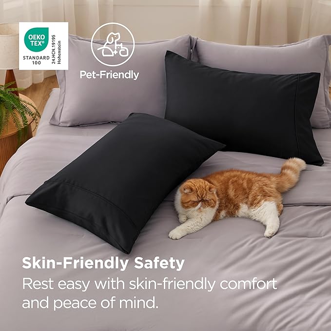 Bedsure King Size Pillow Cases Set of 2 - Black Brushed Microfiber Pillowcases 2 Pack, Super Soft Pillow Case Cover with Envelope Closure, Wrinkle, Fade and Stain Resistant, 20x36 Inches