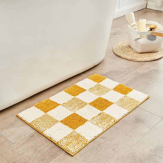 CozeCube Bath mats for Bathroom Non Slip, Fluffy Absorbent Microfiber Bath mat Washable, Aesthetic Bathroom Rugs, Small Harvest Gold Checkered Bath mat, Harvest Gold, 24" x 16"