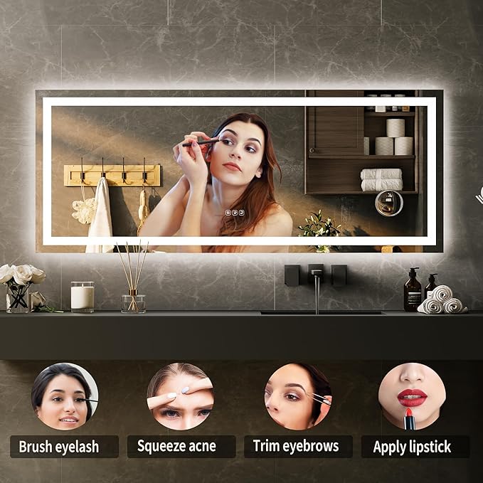 GarveeHome 60x25 LED Bathroom Mirror with Lights, Dimmable, Anti-Fog, Backlit + Front Lit, Smart Bathroom Vanity Mirror for Wall, Memory Function, Shatter-Proof (Horizontal/Vertical)