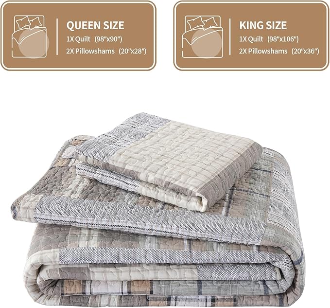 KALOOLA 100% Cotton Quilts King Size 3 Pieces, Farmhouse Plaid King Quilt Bedding Sets, Brown Rustic King Size Bedspreads, Reversible Lightweight King Coverlet for All Seasons