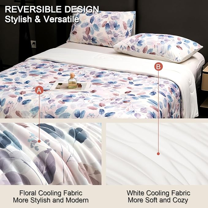 Cyusri Print Cooling Comforter Set 3Pcs Breathable Cool King Size Bedding Set with 2 Pillowcases Leaf Pattern Silky Cold Quilt, Blue 108"x90"