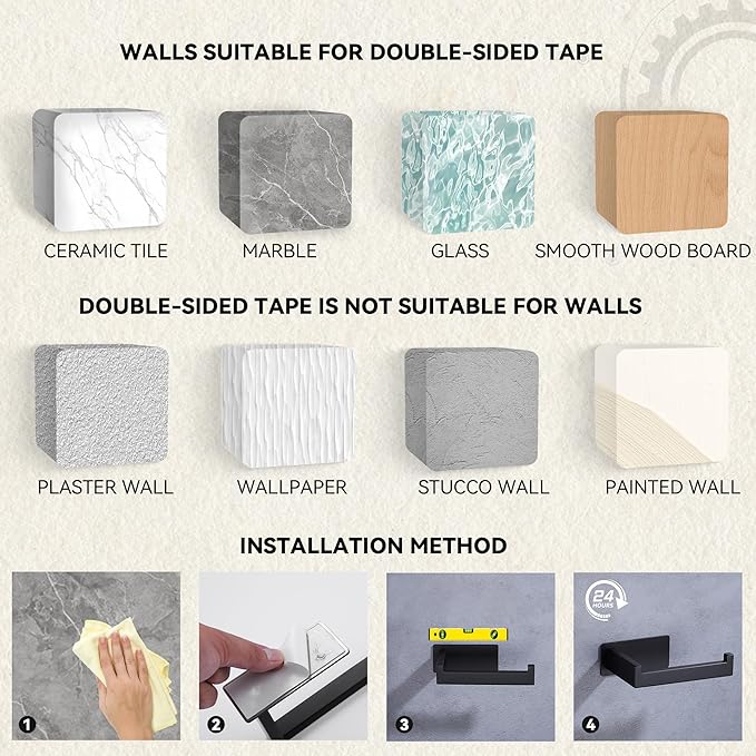 LANC Self-Adhesive Toilet Paper Holder, Matte Black Toilet Tissue Holder for Bathroom Kitchen Stick on Paper Roll Holder with No Drilling Rustproof Stainless Steel Left and Right 2 Pack, A8307MB-LRP2